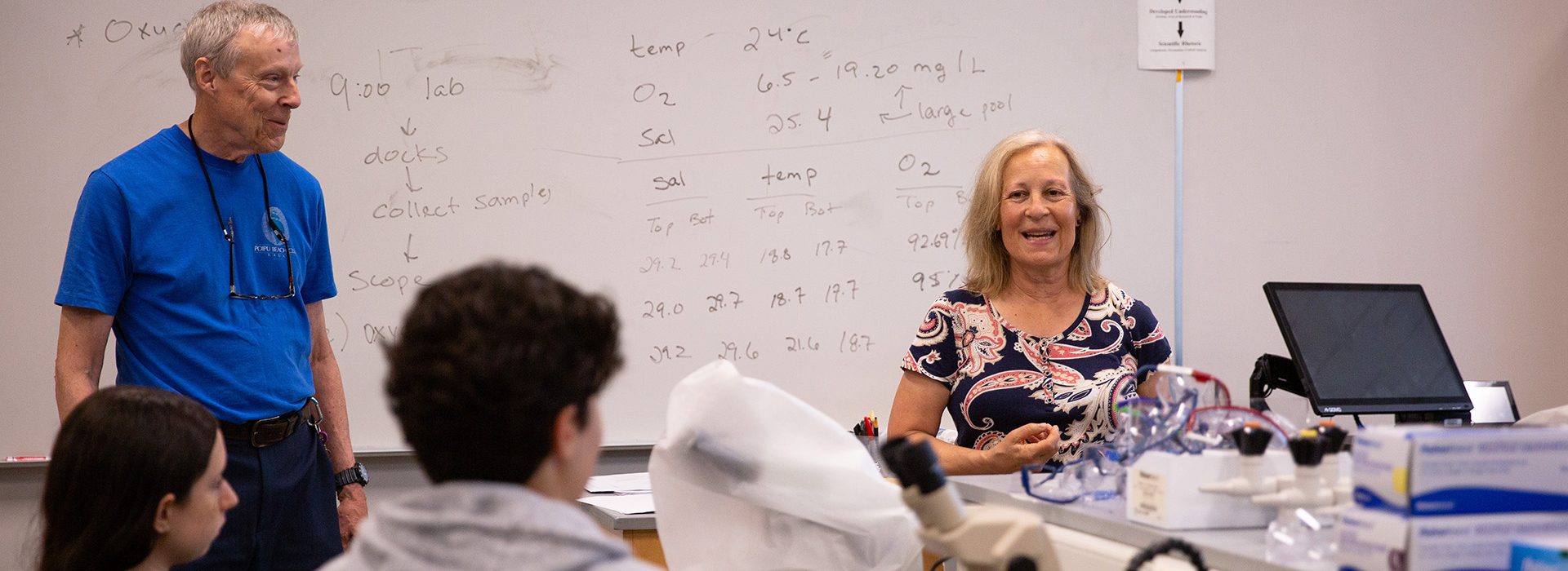 A professor leads a UConn pre-college summer course in a research lab.